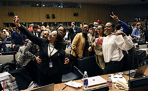 Participants at the 62nd session of the UN Commission on the Status of Women celebrate the adoption of CSW62 Agreed Conclusions Photo: UN Women/Ryan Brown